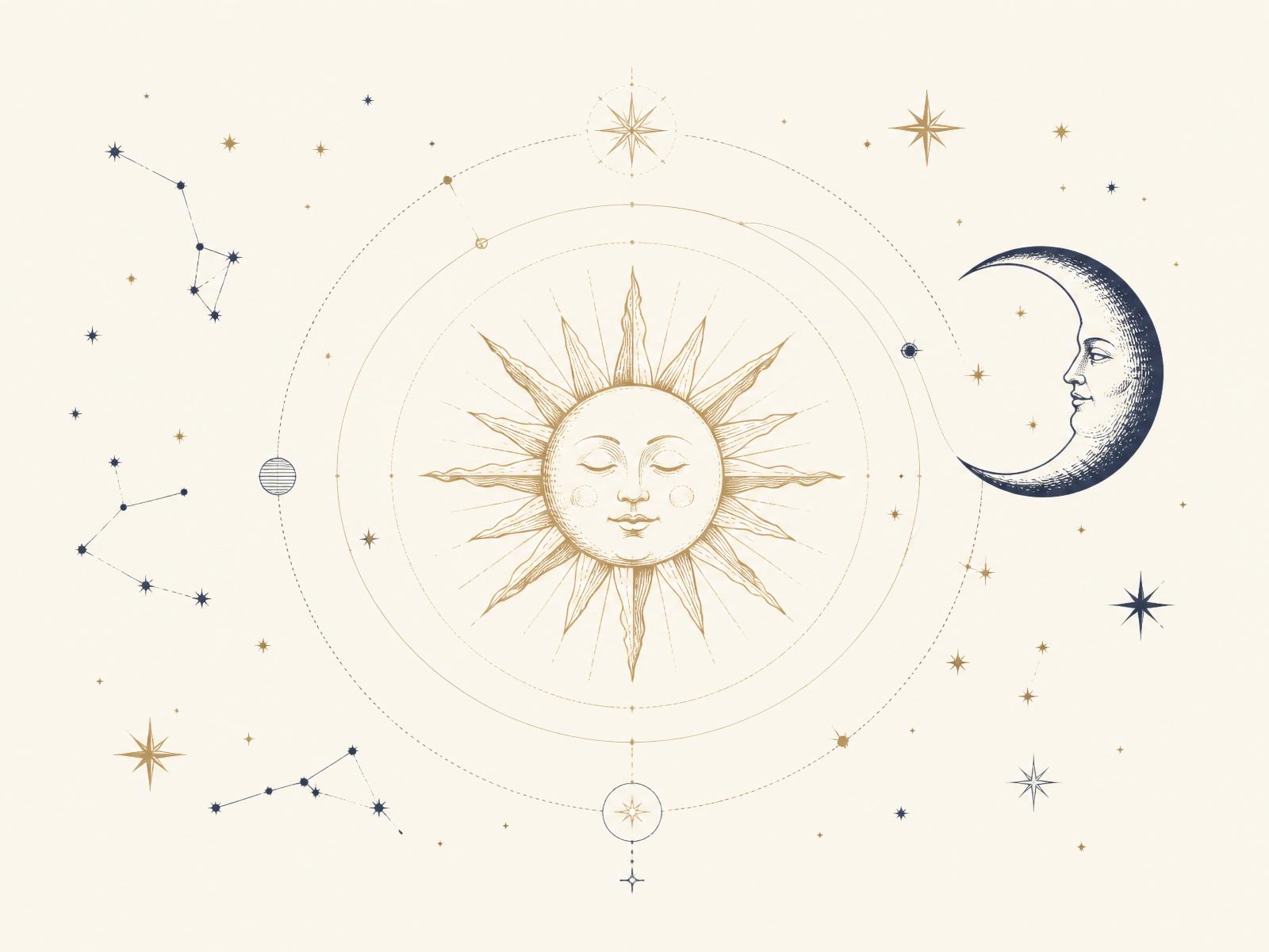 Antique illustration of the sun, moon and constellations