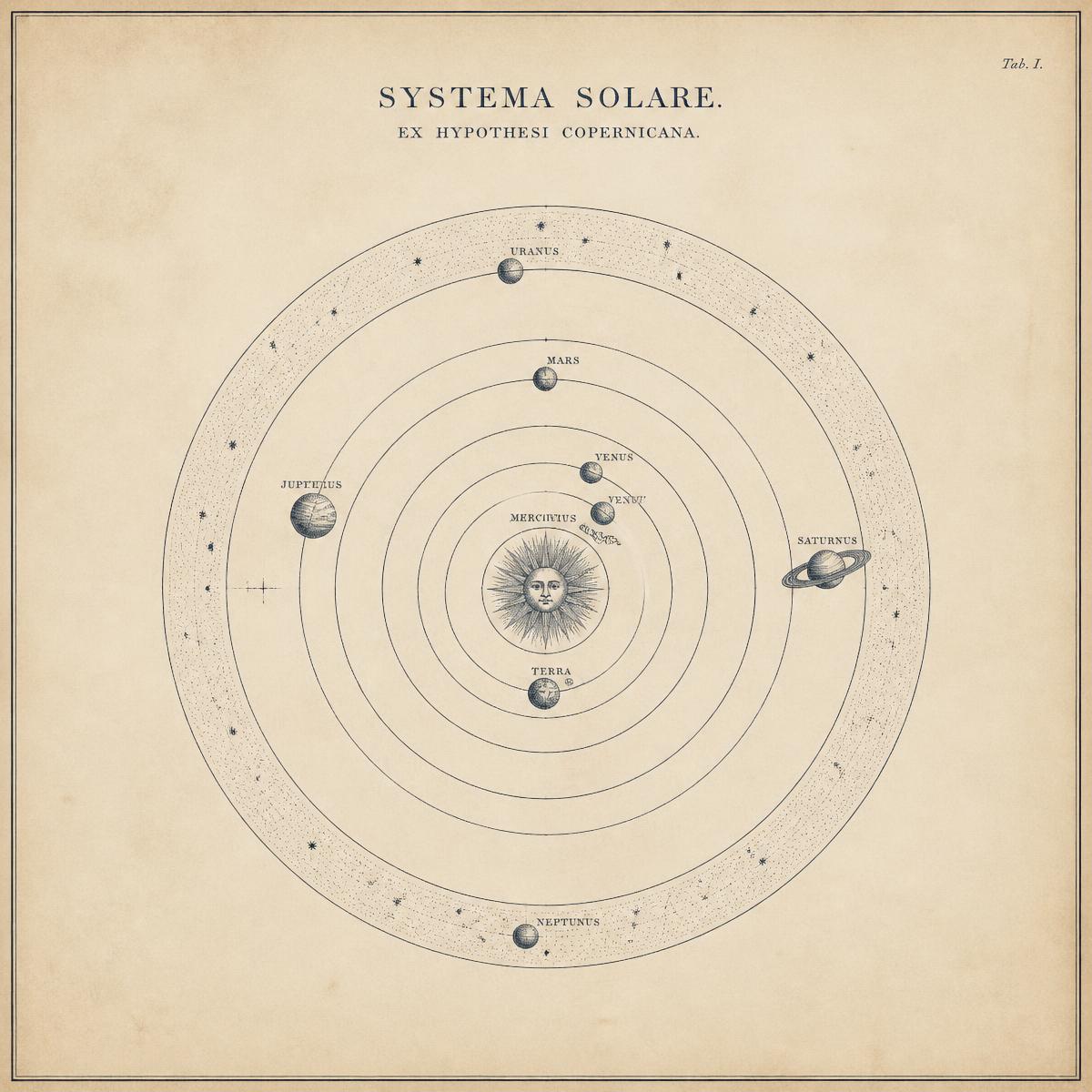 Antique engraving of the Copernican solar system